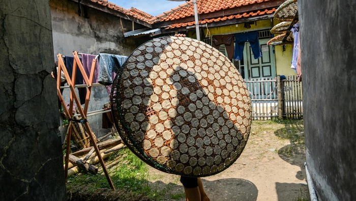 Produksi opak terkendala cuaca Pekerja mengambil opak yang telah dijemur di sentra produksi opak Desa Karedok, Kecamatan Jatigede, Kabupaten Sumedang, Jawa Barat, Minggu (10/8/2025). Pekerja menyatakan akibat cuaca yang tidak menentu produksi opak di sentra produksi opak Desa Karedok mengalami penurunan sebanyak 50 persen atau hanya mampu memproduksi opak sebanyak 5 kilogram per hari dibandingkan musim kemarau yang mampu memproduksi 10 kilogram opak per hari. ANTARA FOTO/Raisan Al Farisi/foc.
