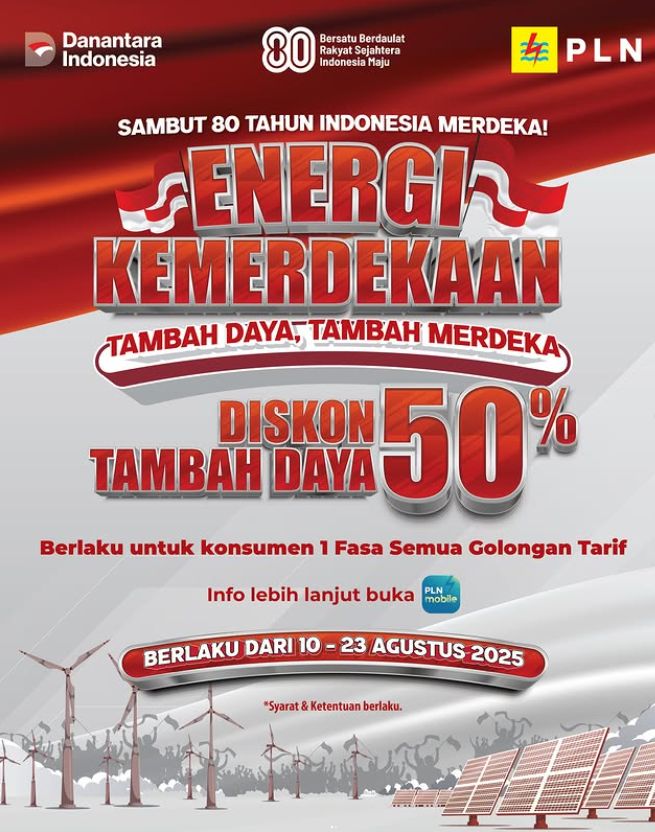 Promo diskon 50% tambah daya PLN spesial HUT RI 2025.