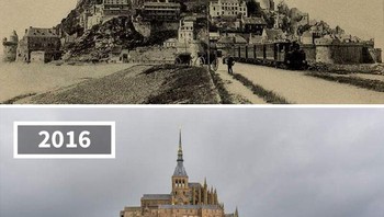 Kereta Kuda dan Lokomotif Uap #13, Mont Saint-Michel, Prancis, 1908 – 2016 Dulu akses ke pulau ini hanya lewat kereta kuda, kini sudah tersedia jalur modern bagi wisatawan. Foto: re.photos