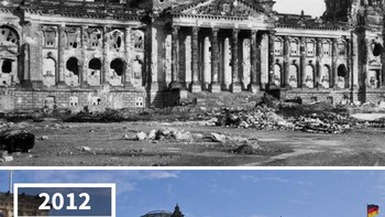 Reichstag, Jerman, 1945 – 2012 Bangunan parlemen Jerman yang hancur akibat perang, kini berdiri megah dengan kubah kaca modern. Foto: re:photos