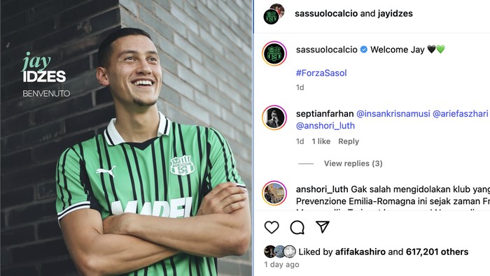 Sassuolo Terus Pajang Jay Idzes, Netizen Tak Bosan Like dan Komen