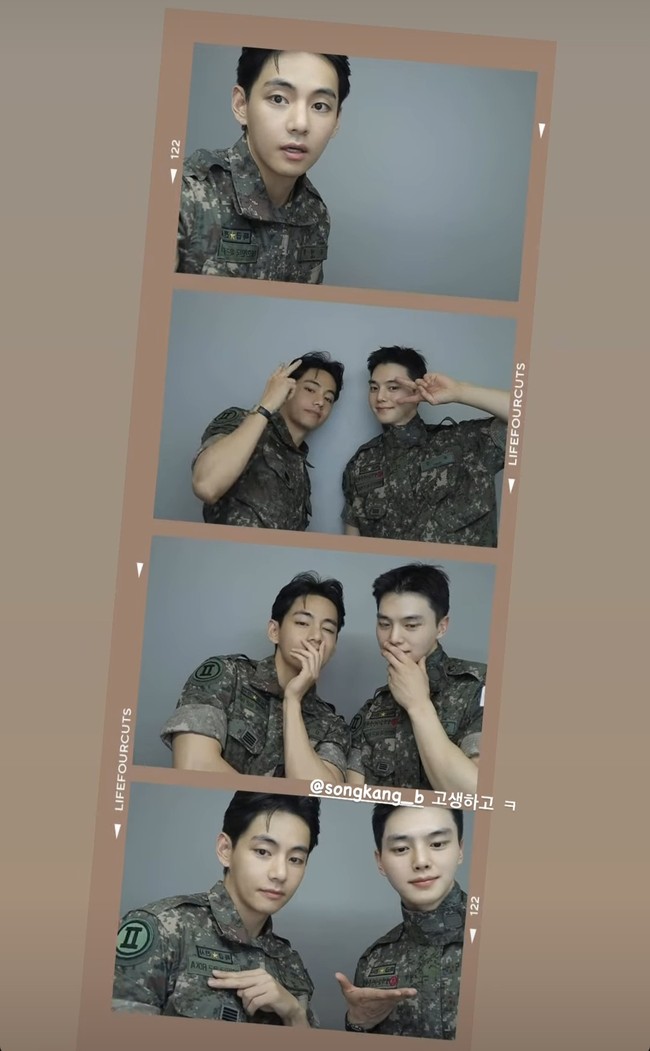 Tak ketinggalan, ada hasil photobox Song Kang dan V BTS yang dibagikan langsung oleh visual grup KPop BTS itu. Netizen tak mengira kedua artis tampan akan saling mengenal dan menjalin persahabatan selama masa wajib militer. Foto: Instagram