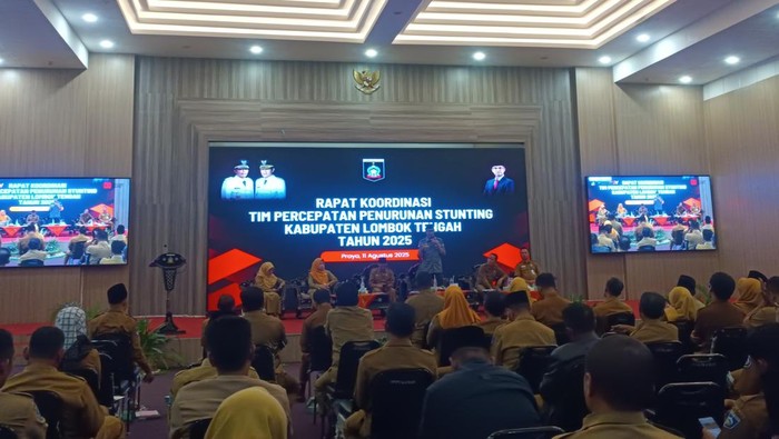 Wabup Lombok Tengah, Muhammad Nursiah, saat memimpin rapat koordinasi tim percepatan penurunan stunting di Ballroom Kantor Bupati setempat, Senin (11/8/2025). (Edi Suryansyah/detikBali)