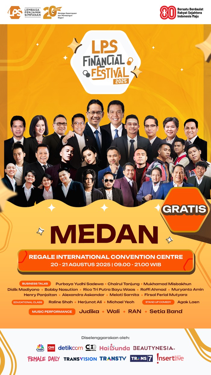 Saatnya masyarakat Medan melek finansial! Yuk, merapat ke acara LPS Financial Festival 2025 yang akan hadir di Kota Medan, 20-21 Agustus 2025. Acara ini gratis, daftar detik ini juga di detikevent.com/lpsfinfesmedan