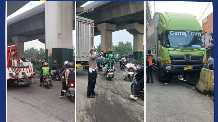 Truk Tabrak Separator di Jl Raya Bekasi Arah Pulogadung, Lalin Macet