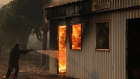 Petugas pemadam kebakaran berupaya menjinakkan api yang membakar bangunan di Sichaina, dekat Patras, Yunani, Rabu (13/8). REUTERS/Louiza Vradi