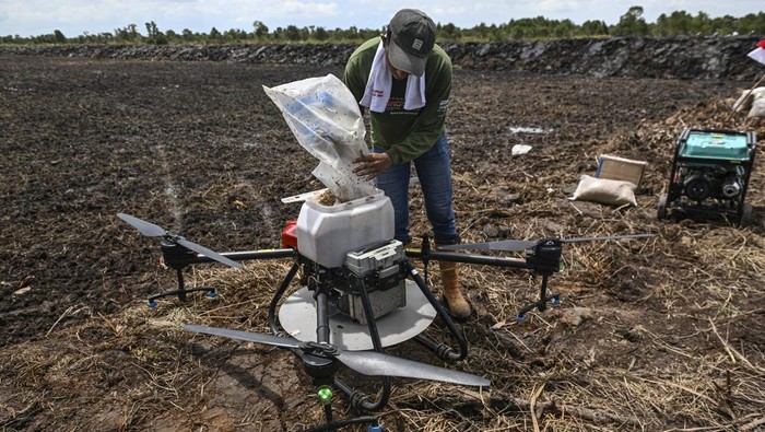 Pekerja menuangkan benih padi di drone untuk ditebar saat tanam perdana di lokasi cetak sawah rakyat (CSR) di kawasan Bati-Bati, Tanah Laut, Kalimantan Selatan, Selasa (12/8/2025). Penanaman padi menggunakan teknologi modern di lokasi cetak sawah rakyat itu guna mempercepat program swasembada pangan nasional. ANTARA FOTO/Hafidz Mubarak A/YU