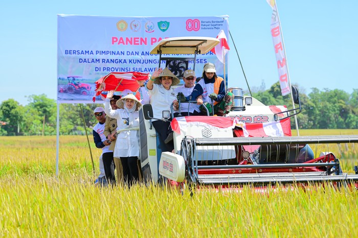Wakil Gubernur Sulawesi Selatan, Fatmawati Rusdi, mendampingi rombongan Komisi IV DPR RI dalam kunjungan kerja dan panen raya di Kelurahan Raya, Kabupaten Maros, Selasa (12/8).