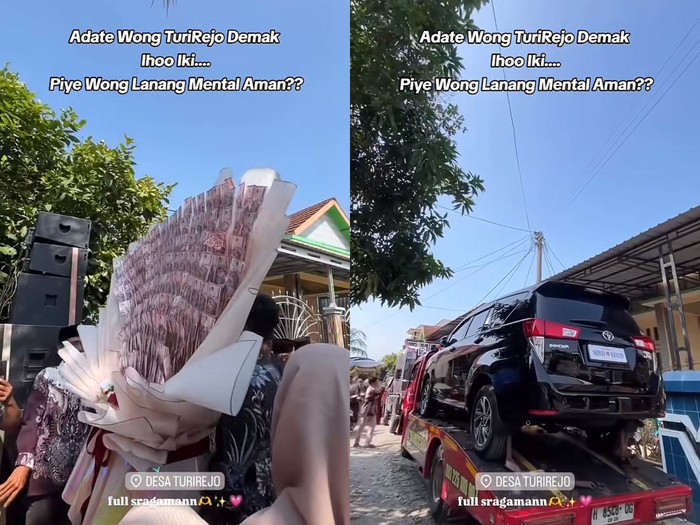 Acara lamaran di Demak, Jawa Tengah viral. Ada buket bunga uang tunai hingga mobil Inova. Postingan itu tersebut langsung viral di media sosial.