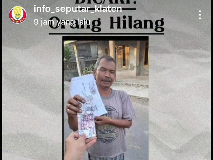 Tangkapan layar postingan kabar orang hilang dari Klaten yang diunggah akun Instagram @info _seputar_klaten, Kamis (14/8/2025).
