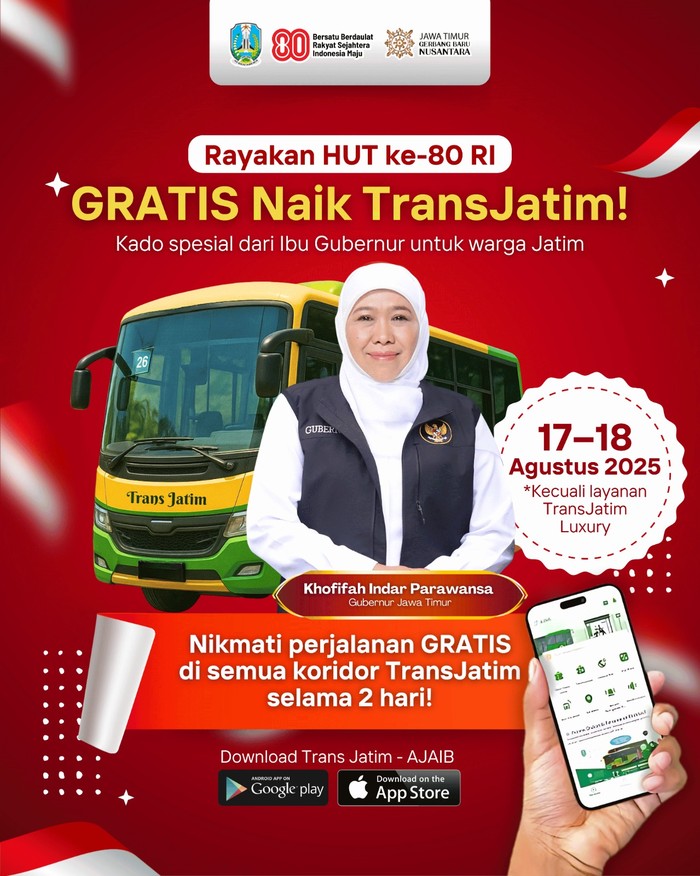 Trans Jatim gratis saat HUT ke-80 RI.