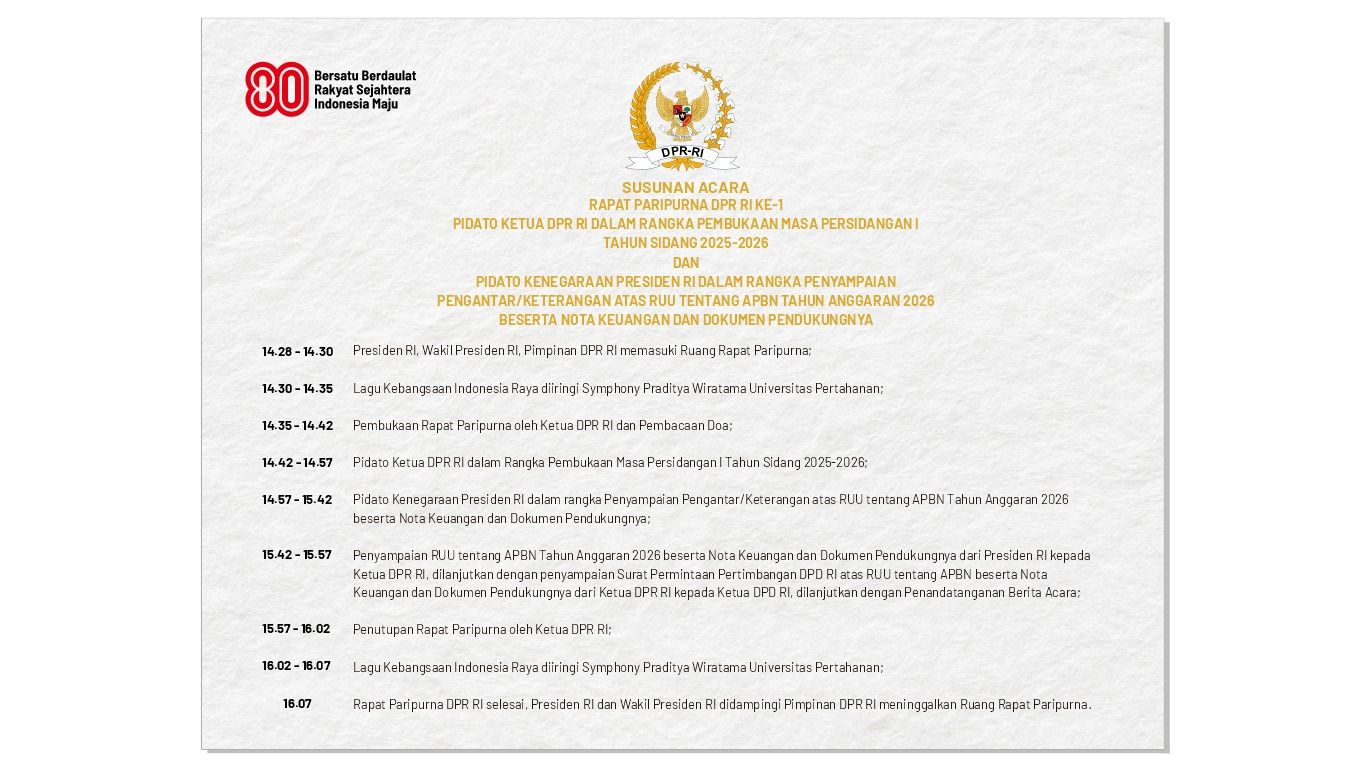 Agenda pokok sidang dan Susunan acara Sidang Tahunan 2025 di Gedung MPR/DPR RI, Jakarta, Jumat (15/8/2025). (Dok. MPR/DPR RI)