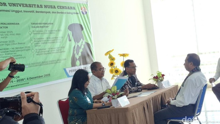 Dekan FKIP, Melkisedek Taneo, saat mendaftarkan sebagai bakal calon rektor Undana periode 2025-2029, di Aula Undana Kupang, NTT, Jumat (15/8/2025). (Yufengki Bria/detikBali)