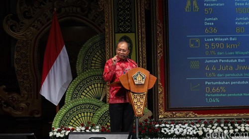 Gubernur Bali Wayan Koster saat memberi sambutan dalam acara Pengarahan Pelaksanaan Perda Nomor 2 Tahun 2025 tentang Pungutan Wisatawan Asing di Art Center, Denpasar, Jumat (15/8/2025). (Foto: Aryo Mahendro/detikBali)