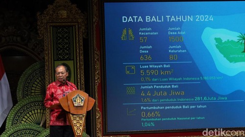 Gubernur Bali Wayan Koster saat pidato Pengarahan Pelaksanaan Perda Nomor 2 Tahun 2025 tentang Pungutan Wisatawan Asing di Art Center, Denpasar, Jumat (15/8/2025). (Aryo Mahendro/detikBali).