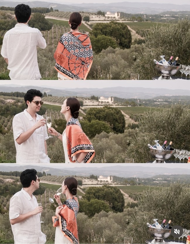 Sementara suaminya, Maxime Bouttier memilih gaya kasual rapi dengan kemeja linen putih lengan pendek, celana pendek senada, dan sandal kulit. Kacamata hitam menjadi pelengkap yang menambah kesan stylish. Foto: Instagram/@lunamaya