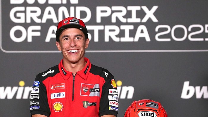SPIELBERG, AUSTRIA - AUGUST 14: Marc Marquez of Spain riding a Lenovo Ducati at the pre-event press conference ahead of the MotoGP of Austria at Red Bull Ring on August 14, 2025 in Spielberg, Austria. (Photo by Gold & Goose Photography/Getty Images)
