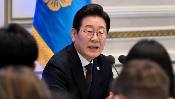 South Korean President Lee Jae Myung delivers a speech during a press conference to mark his first 30 days in office at Yeongbingwan of Blue House on July 3, 2025 in Seoul, South Korea. Kim Min-Hee/Pool via REUTERS/File Photo Purchase Licensing Rights