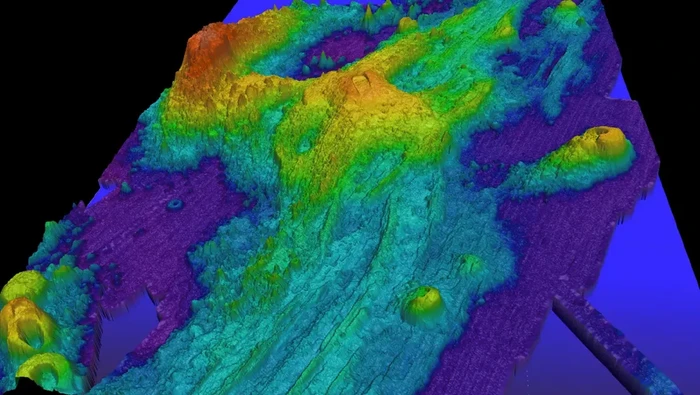 Batimetri contoh dari Axial Seamount di Juan de Fuca Ridge, sekitar 480 kilometer di sebelah barat Cannon Beach, Oregon.