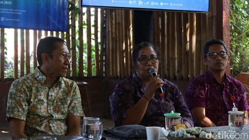 Guru besar bidang teknik elektro Universitas Udayana, Ida Ayu Dwi Giriantari saat konferensi pers terkait Pekan Iklim Bali, Denpasar, Jumat (15/8/2025). (Aryo Mahendro/detikBali).