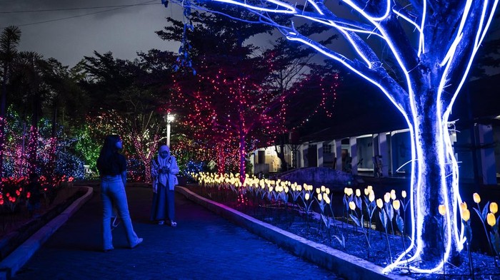 Pengunjung menyaksikan instalasi Lights Wonderland di kawasan Grand Maerakaca Taman Mini Jawa Tengah, Semarang, Jawa Tengah, Jumat (16/8/2025). PT PRPP Jawa Tengah bekerja sama dengan Luna Light International menghadirkan wisata malam Lights Wonderland yang menampilkan atraksi lampu tematik, yang bertujuan menggerakkan perekonomian daerah melalui sektor pariwisata dan berlangsung hingga 14 September 2025. ANTARA FOTO/Aprillio Akbar/foc.