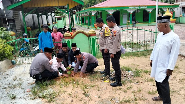 LAM Medang Kampai dan Polisi menanam pohon di halaman masjid.