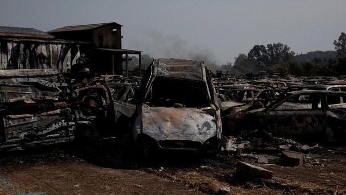 A drone view shows burnt cars following a wildfire in Dymi, near Patras, Greece August 14, 2025. REUTERS/Louiza Vradi     TPX IMAGES OF THE DAY