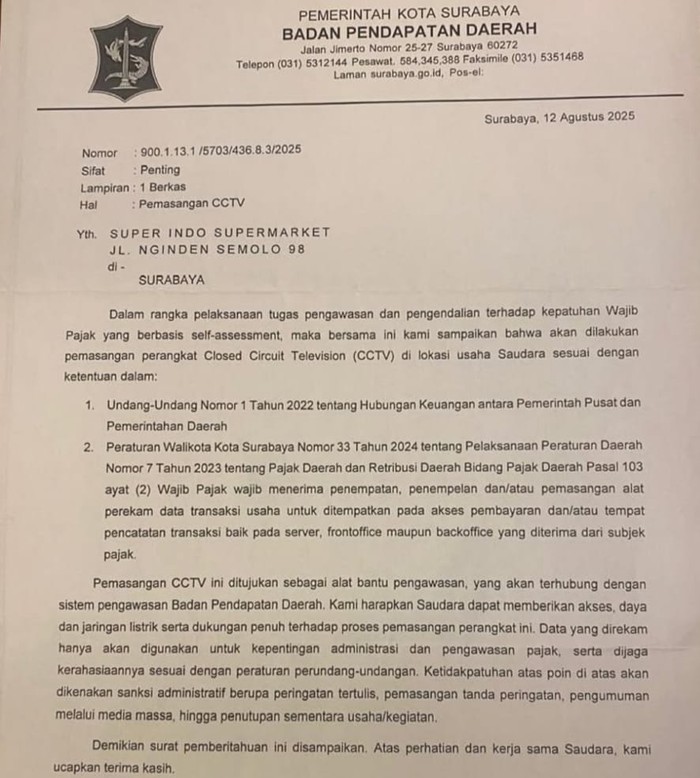 Surat Bapenda Surabaya Viral di Media Sosial