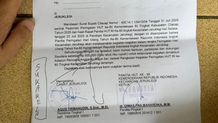 Tangkapan layar surat permohonan sumbangan untuk HUT RI ke-80 di Jeruklegi, Cilacap.