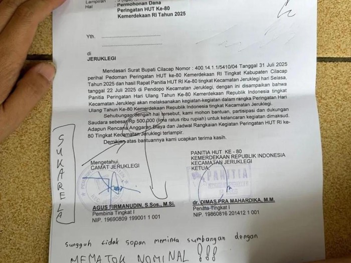 Tangkapan layar surat permohonan sumbangan untuk HUT RI ke-80 di Jeruklegi, Cilacap.