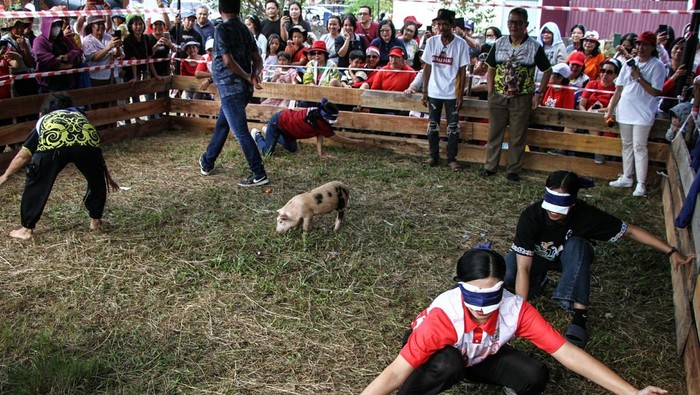 Warga berupaya menangkap seekor anak babi saat mengikuti lomba perayaan HUT ke-80 Kemerdekaan RI di Palangka Raya, Kalimantan Tengah, Sabtu (16/8/2025). Lomba menangkap seekor anak babi dengan tangan kosong dan mata tertutup tersebut diinisiasi oleh kerukunan warga Dayak Dusun Maanyan dan Lawangan (Dusmala) Kota Palangka Raya yang terinspirasi dari kebiasaan leluluhur mereka dalam berburu babi di hutan. ANTARA FOTO/Auliya Rahman/foc.