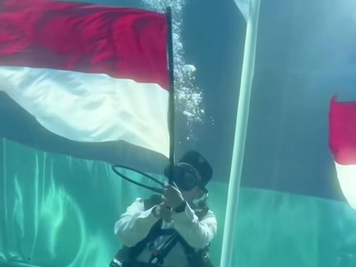 Ruben Onsu mengibarkan bendera Merah Putih di akuarium raksasa berisikan hiu di kawasan Jakarta Utara, Minggu (17/8/2025).