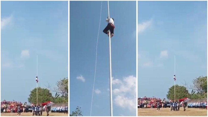 Siswa SD di Lampung Selatan panjat tiang bendera usai tali pengait bendera lepas