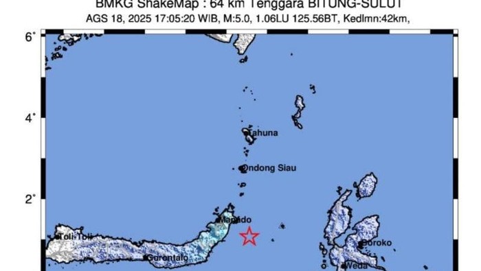 BMKG menyebutkan gempa tektonik yang terjadi Senin (18/8) pukul 17:05:20 WIB di wilayah Kota Bitung, Sulawesi Utara, akibat subduksi lempeng Laut Maluku. (ANTARA/HO-BMKG)