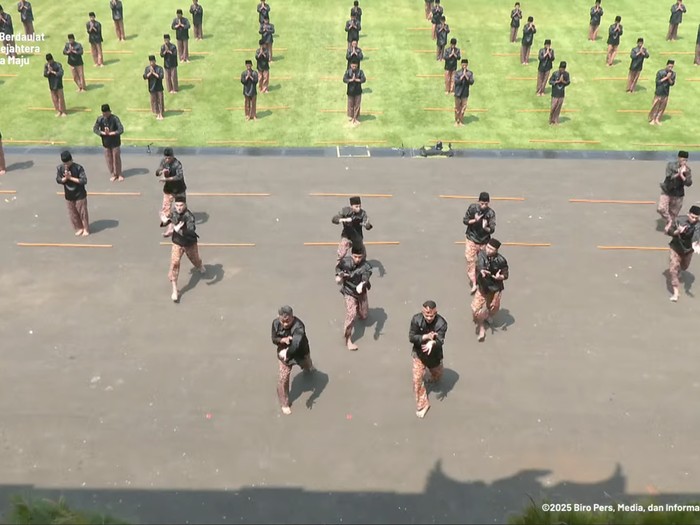 Iko Uwais dan Eko Wahyudi memimpin pasukan silat di HUT ke-80 RI di Istana Merdeka, Minggu (18/7/2025).