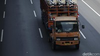 Sejumlah kendaraan, mulai dari transportasi umum, kendaraan pribadi, hingga truk, tampak melintas sambil mengibarkan bendera merah putih, Jakarta, Senin (18/8/2025).