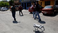 Waldog menghibur sekelompok anak dengan berbicara dan bermain. Robot ini diprogram untuk mengajarkan rasa tanggung jawab terhadap hewan dan manusia. Foto: REUTERS/Daniel Becerril