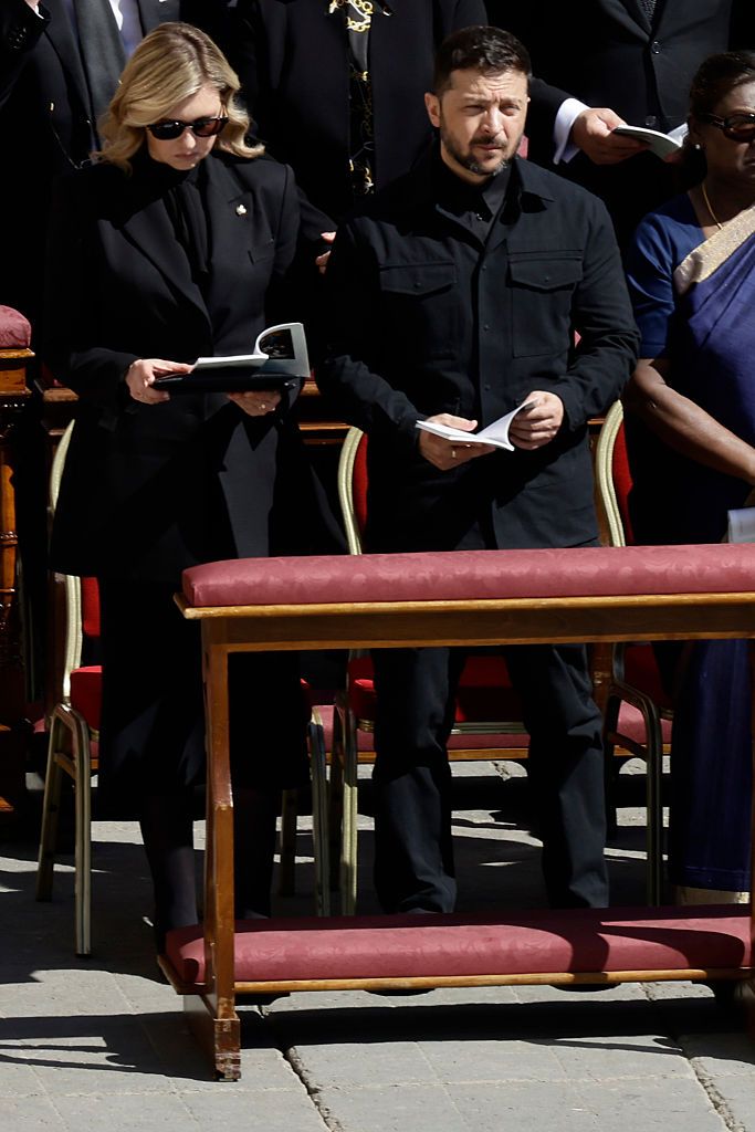 ST  PETER'S SQUARE, VATICAN CITY, VATICAN - 2025/04/26: Ukraine's First Lady Olena Zelenska and Ukraine's President Volodymyr Zelensky during funeral of Pope Francis in St. Peter's Square . Pope Francis died on April 21st at the age of 88. (Photo by Antonio Balasco/KONTROLAB/LightRocket via Getty Images)