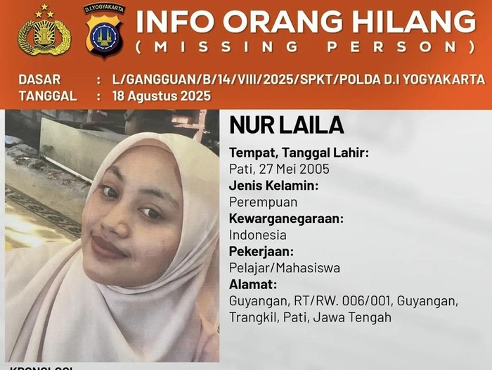 Informasi orang hilang Nur Laila asal Pati, Jawa Tengah, Selasa (19/8/2025).