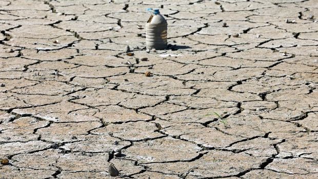 Sebuah botol plastik berdiri di atas tanah yang kering dan retak, di cekungan Bendungan Turkmenli yang kering, tempat air pernah menenggelamkan lanskap, di Marmara Ereglisi, di provinsi Tekirdag barat laut, Turki, 11 Agustus 2025. (REUTERS/Murad Sezer)