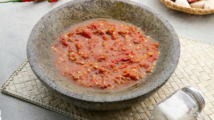 Sambel or Sambal Terasi is traditional food which is popular in Indonesia. Made from tomatoes, chilies, salt, sugar, garlic, shallots and shrimp paste (terasi).