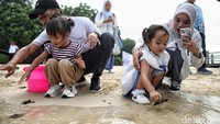 Suasana penuh harapan terasa ketika tukik-tukik kecil itu bergerak perlahan menuju bibir pantai. Mereka akhirnya menyatu dengan ombak laut biru Pulau Bidadari.