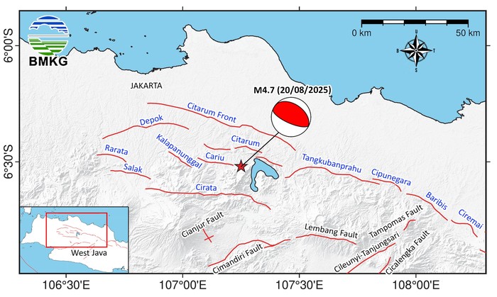 BMKG mengatakan gempa M 4,7 di Bekasi dipicu sesar naik busur belakang Jawa Barat segmen Citarum, bukan Baribis. (dok BMKG)