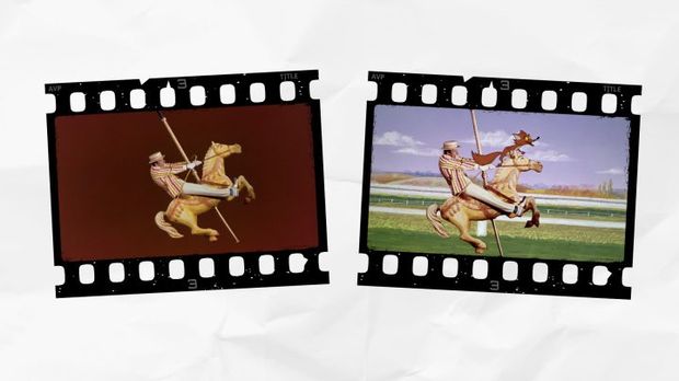 Gambar rol film Marry Poppins sebelum diedit dan setelahnya.