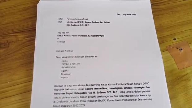 Isi surat yang dikirim warga Tayu, Pati ke KPK, Jumat (22/8/2025).