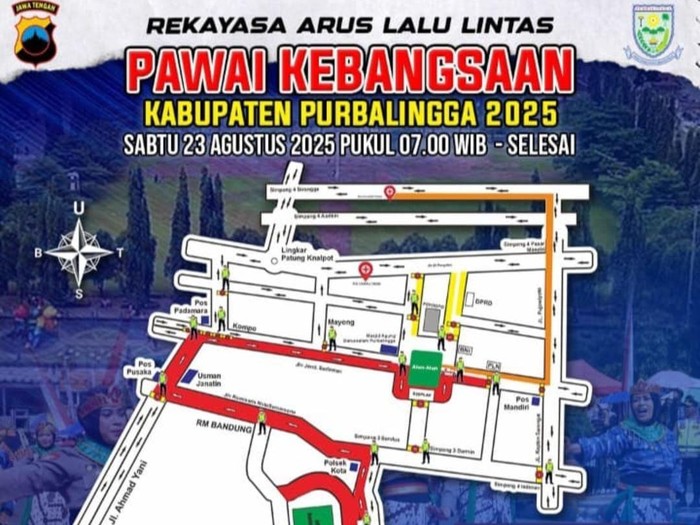 Pengumuman pengalihan arus lalu lintas dalam rangka pawai kebangsaan di ruas jalan protokol Kabupaten Purbalingga.