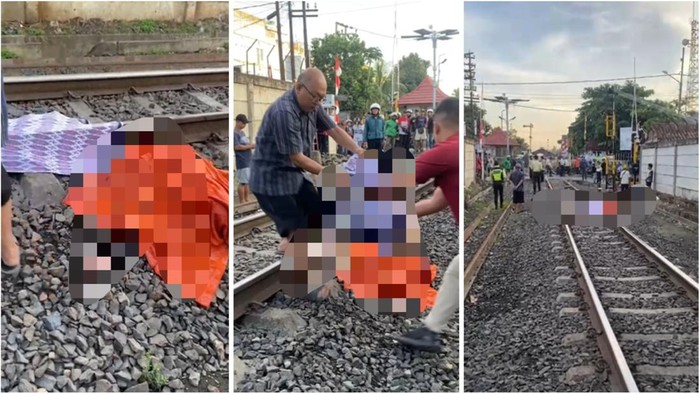 Petugas dibantu warga saat mengevakuasi lansia yang tewas tertemper kereta