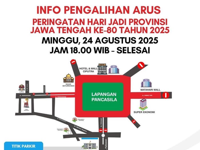 Pengalihan arus acara Penutupan Peringatan HUT ke-80 Provinsi Jawa Tengah yang akan digelar di Simpang Lima, Kecamatan Semarang Selatan, Kota Semarang, Minggu (24/7/2025).