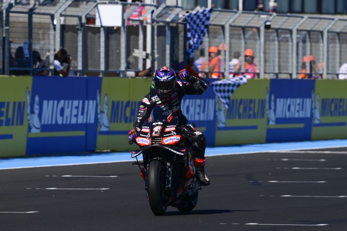 BALATONFOKAJAR, HUNGARY - AUGUST 24: Jorge Martin of Spain riding the Aprilia Racing bike (01)  at Balaton Park on August 24, 2025 near Balatonfokajar, Hungary. (Photo by Gold & Goose Photography/Getty Images)