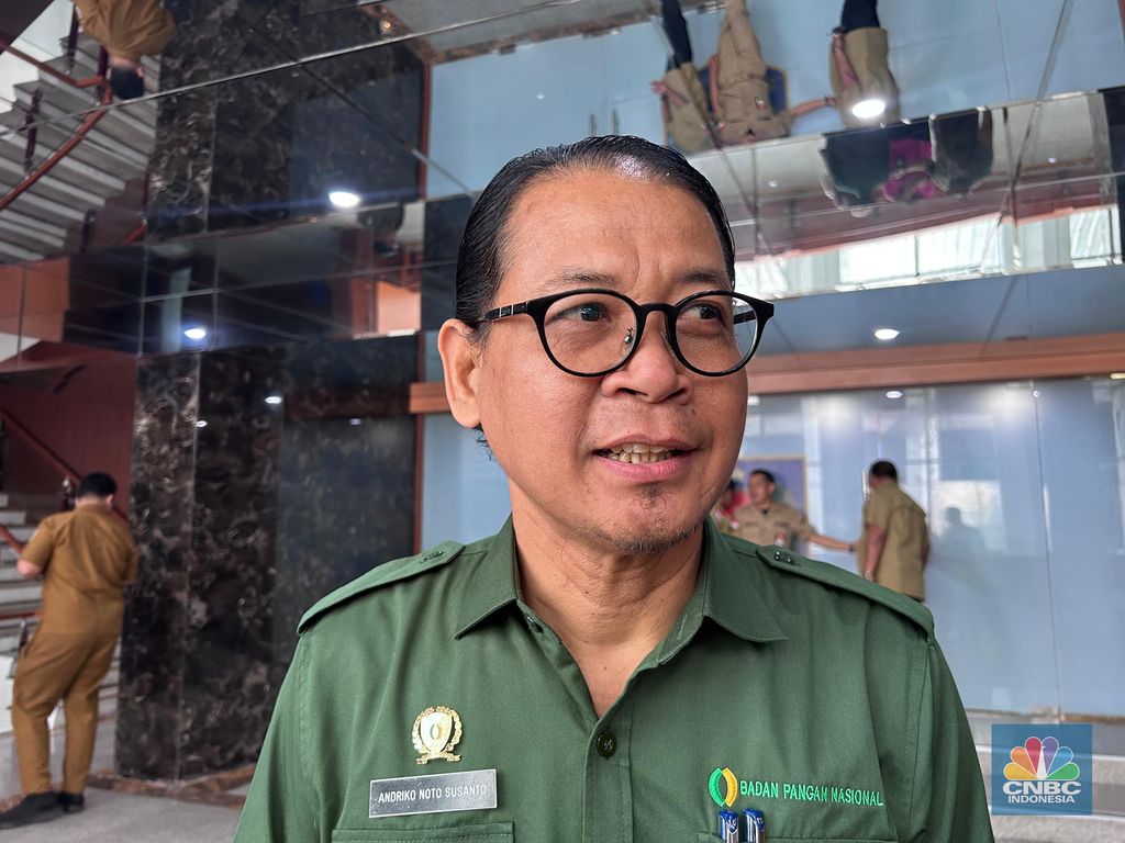 Deputi III Bidang Penganekaragaman Konsumsi dan Keamanan Pangan Badan Pangan Nasional (Bapanas), Andriko Noto Susanto saat ditemui usai Rapat Koordinasi Pengendalian Inflasi Daerah di Kantor Kementerian Dalam Negeri (Kemendagri), Jakarta, Senin (25/8/2025). (CNBC Indonesia/Martyasari Rizky)